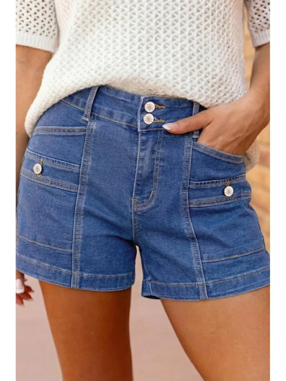 Women's Sail Blue High Waisted Stretchy Shorts Double Button Denim Jean Shorts